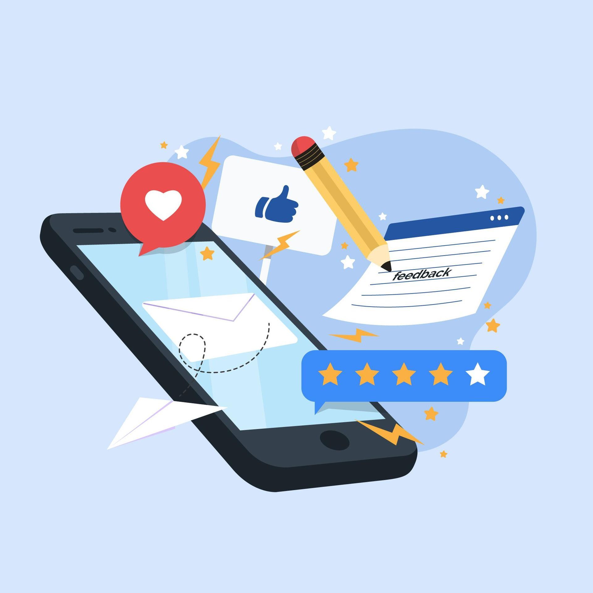 Smartphone with social media icons, thumbs-up, heart, pencil, and star ratings on a blue background