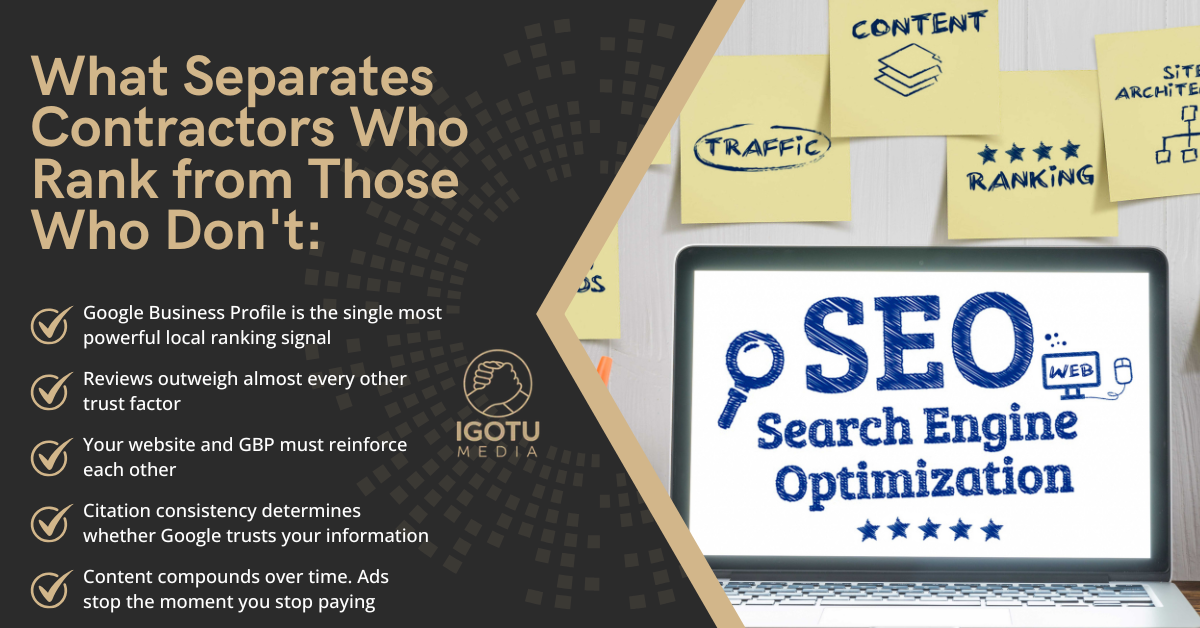 SEO ranking infographic with yellow checklist notes and a laptop on a beige background