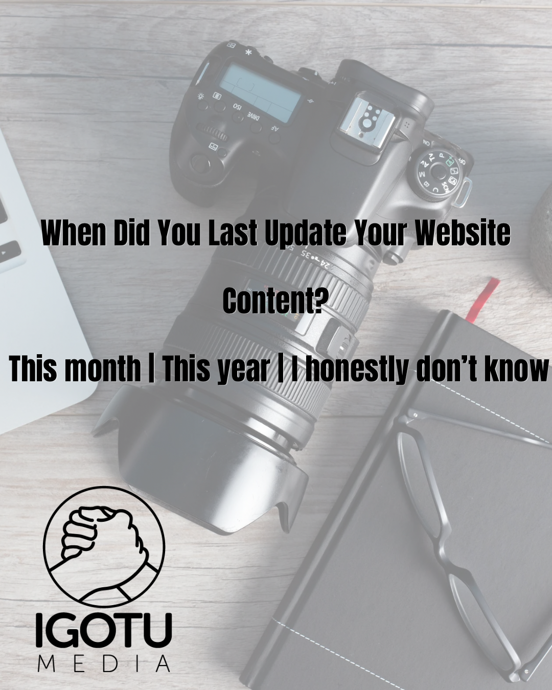 Graphic asking “When Did You Last Update Your Website Content?” over a desk with phone, glasses, mug, and notepad.