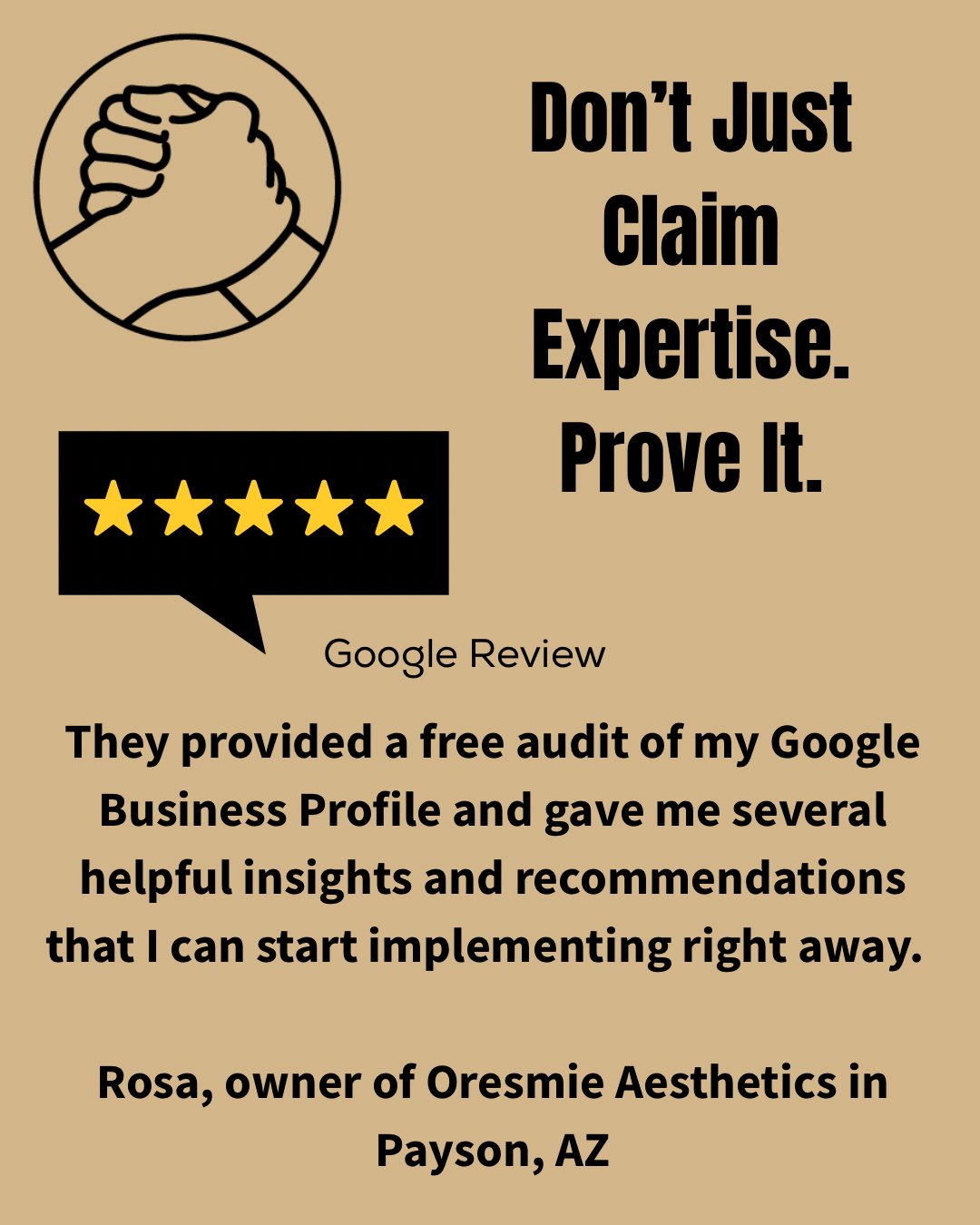Promotional graphic with five-star review and text: “Don’t Just Claim Expertise. Prove It.”