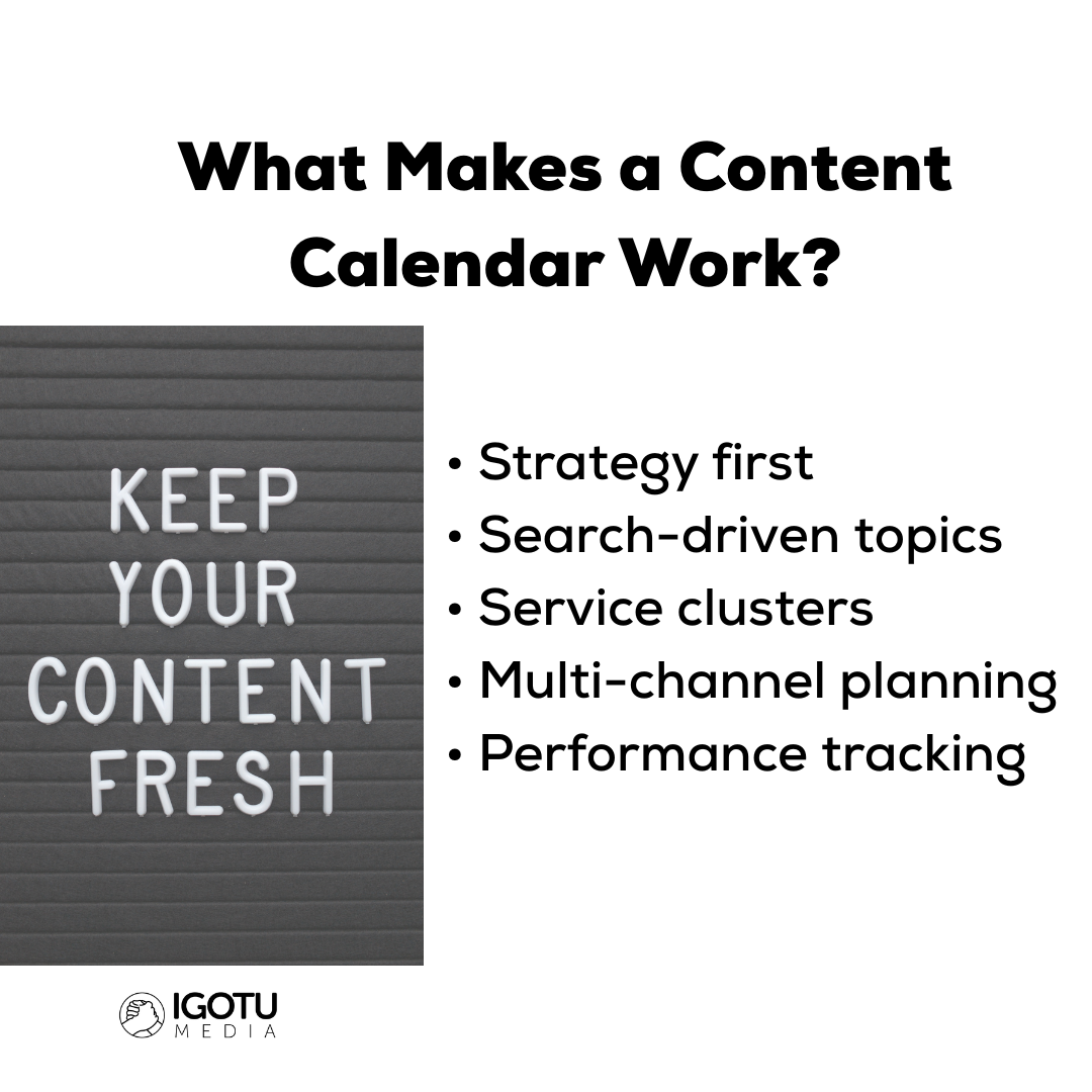 Infographic titled “What Makes a Content Calendar Work?” with “Keep Your Content Fresh” and five bullet points.