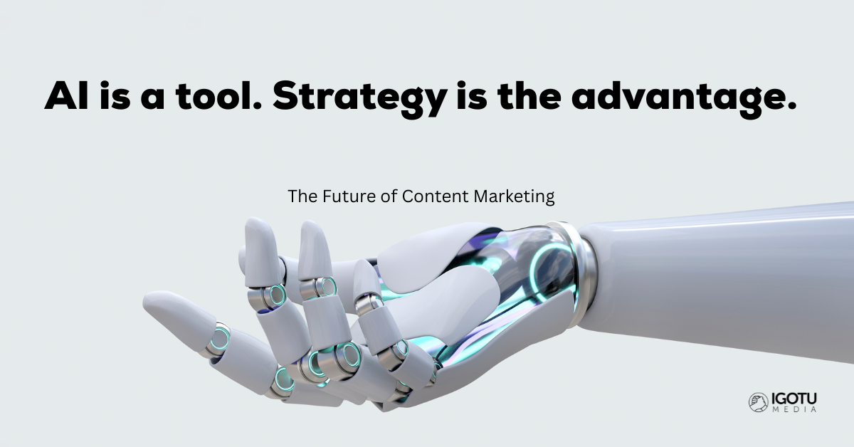 White robotic hand offering an open palm. Text: White robotic hand beside bold text: “AI is a tool. Strategy is the advantage.”