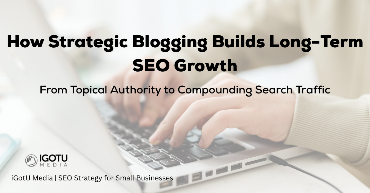 Hands typing on a laptop, with text overlay: Hands typing on a laptop with headline: “How Strategic Blogging Builds Long-Term SEO Growth”