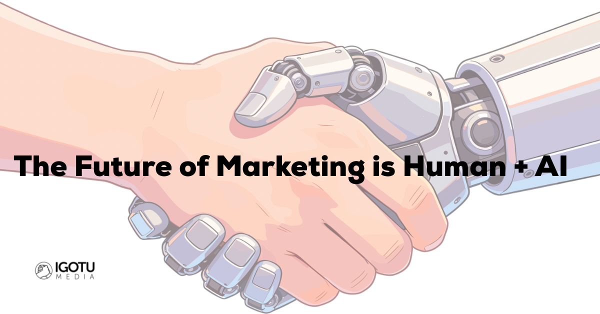 Human hand shaking a robotic hand, with text “The Future of Marketing is Human + AI.” Human hand shaking a robotic hand, with text “The Future of Marketing is Human + AI.”