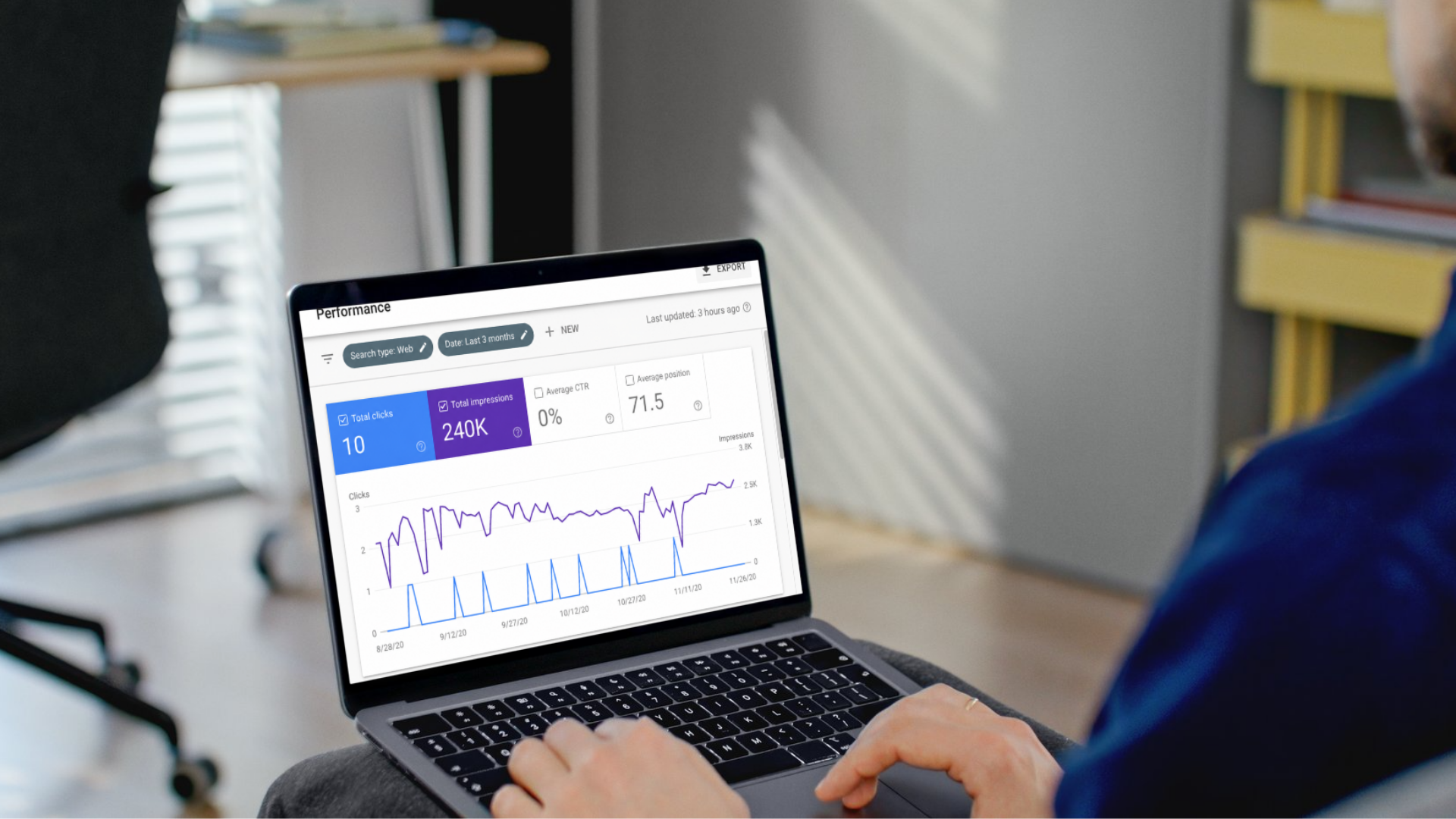 Analytics dashboard with a red arrow pointing to the top-right icon menu.