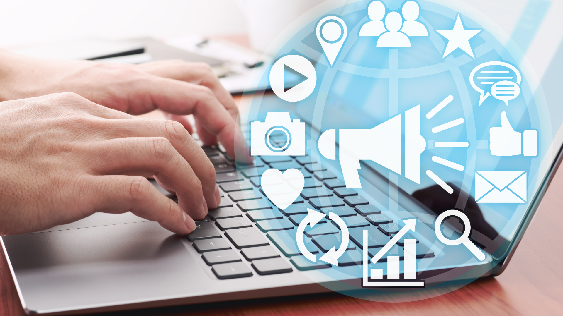 Hands typing on a laptop with blue social media and communication icons floating above the keyboard