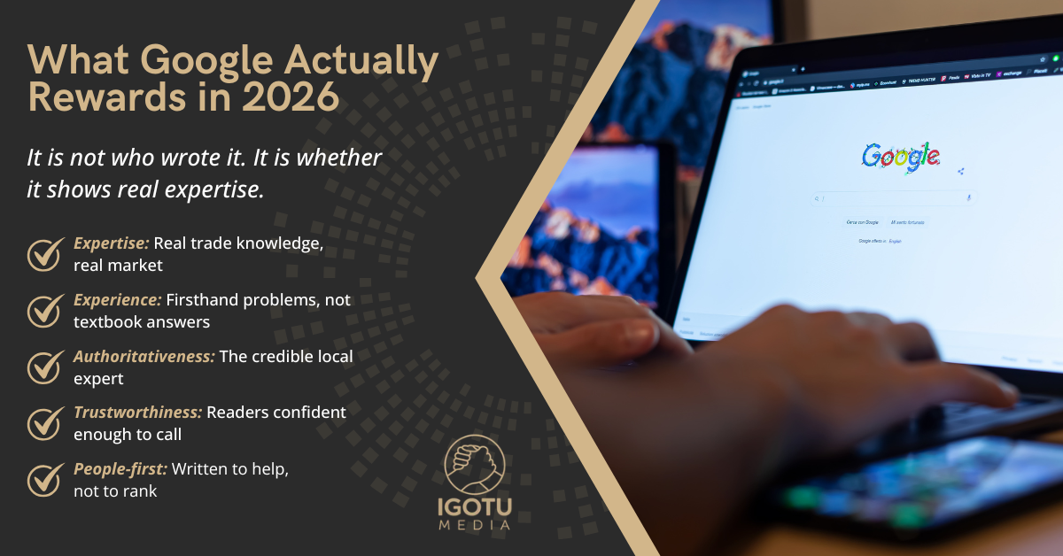 Infographic titled “What Google Actually Rewards in 2026” beside a laptop showing the Google logo.