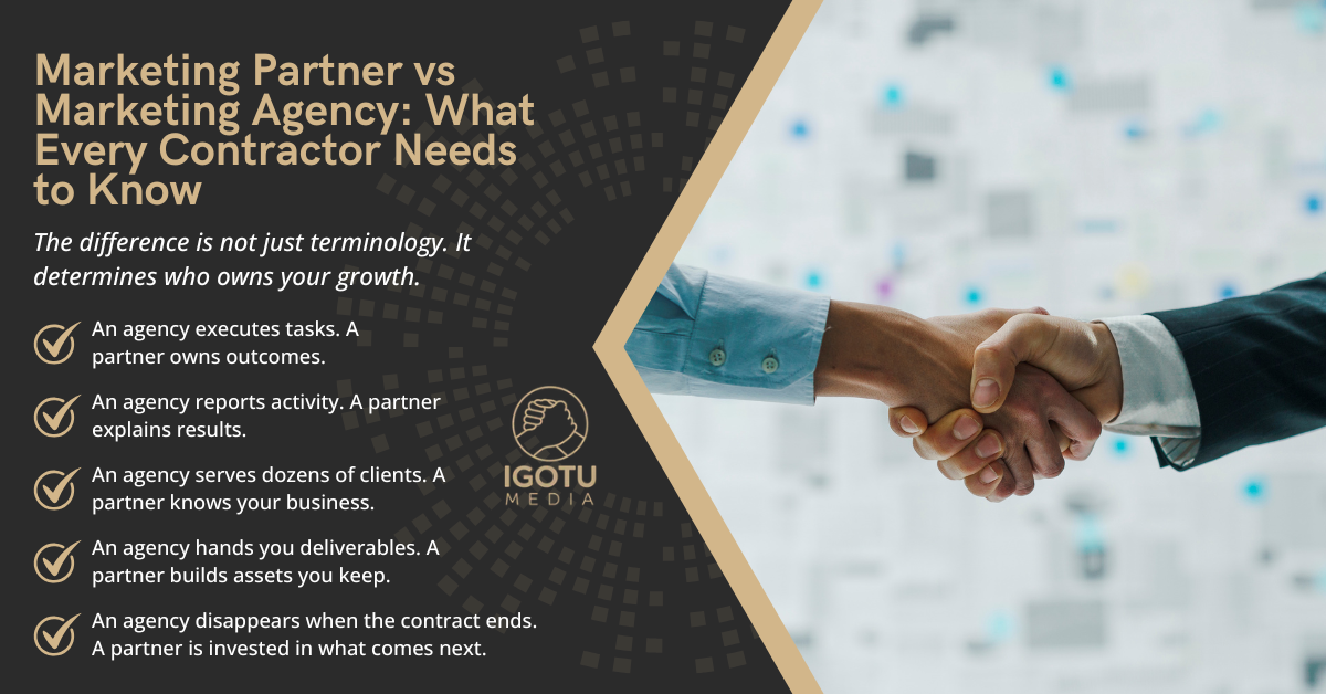 Marketing partner flyer with handshake, black-and-gold design, and contact list