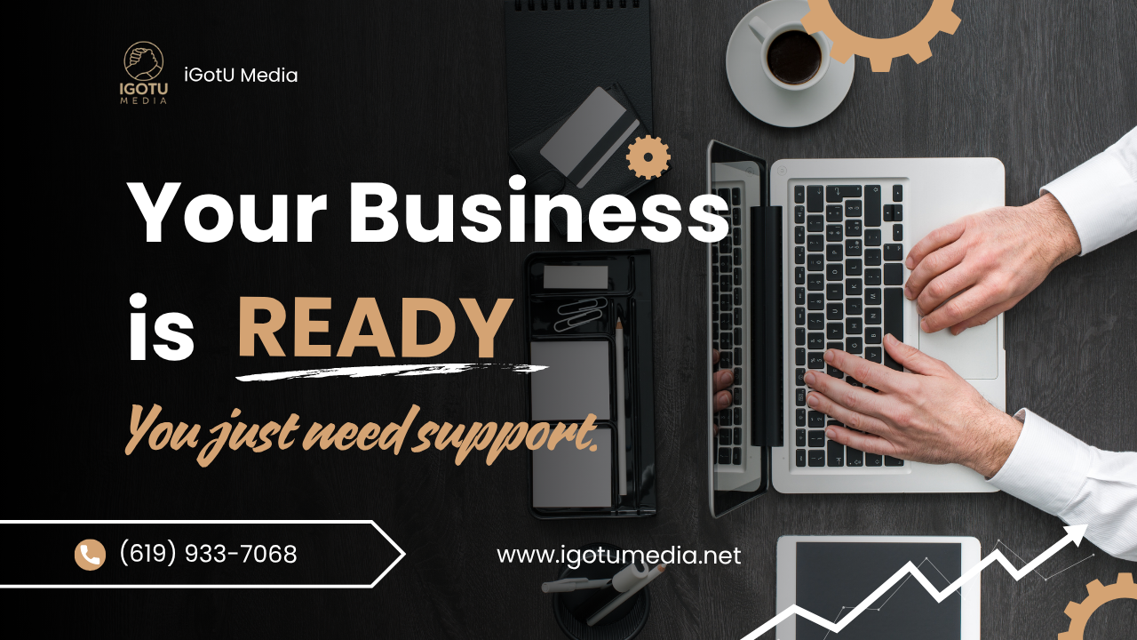 Business promo graphic: “Your Business is READY,” with laptop, hands typing, gears, and support contact info.