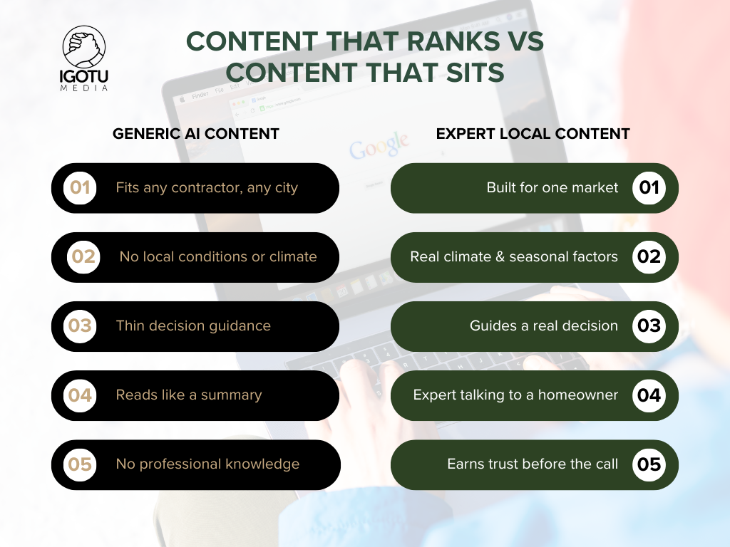 Infographic comparing generic content vs expert local content in black and green lists