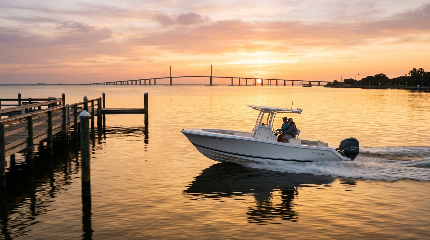 Center console fishing boat cruising across Tampa Bay at sunrise with the city skyline visible in the background