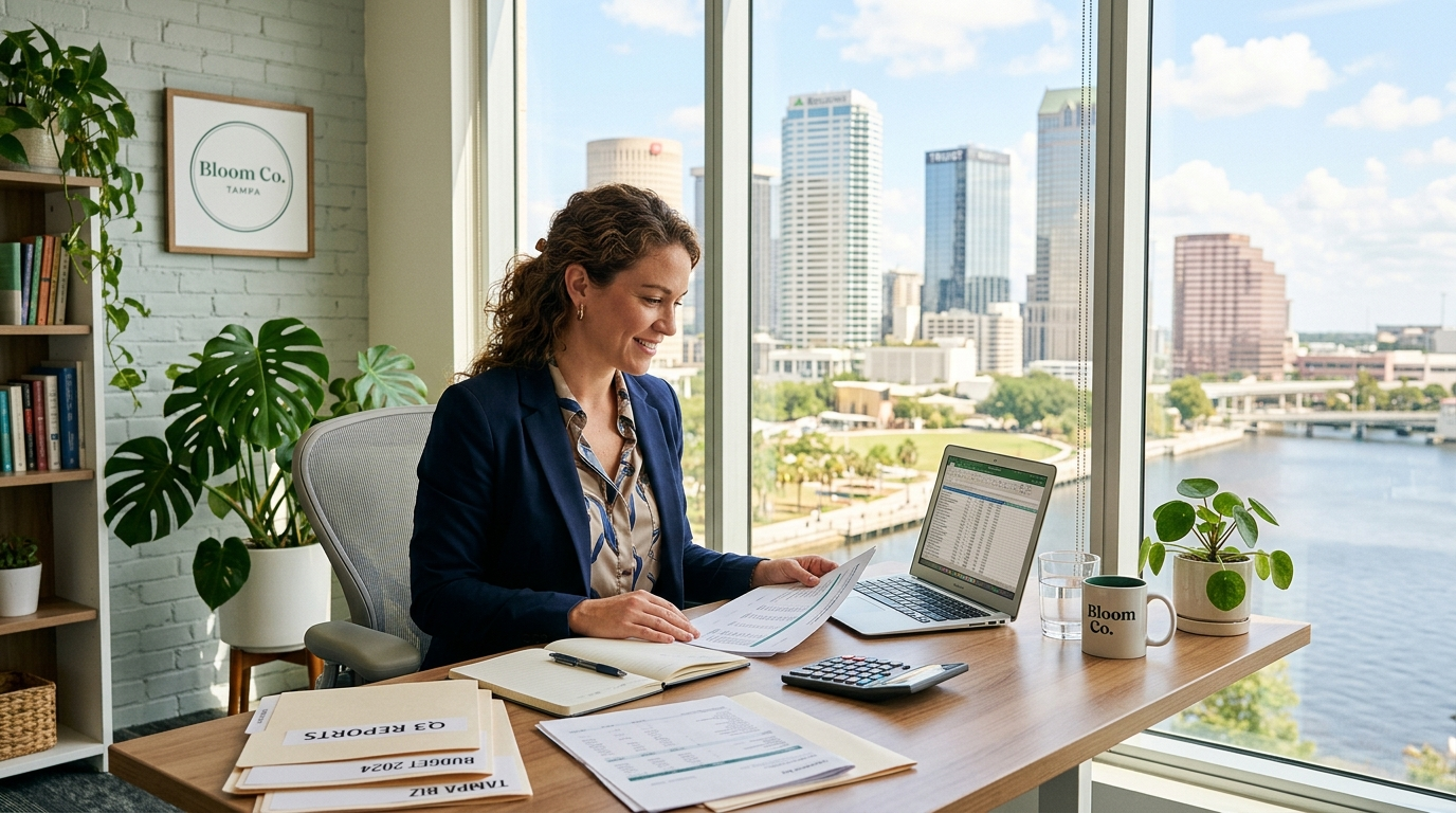 Small business owner reviewing insurance documents at a desk inside a Tampa Bay retail shop