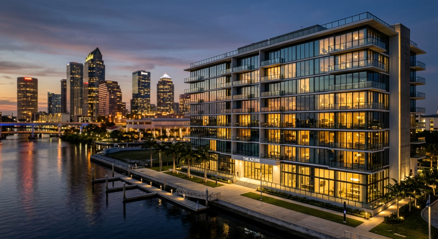 Aerial view of Tampa Bay waterfront condo towers with blue sky and calm bay water in the foreground