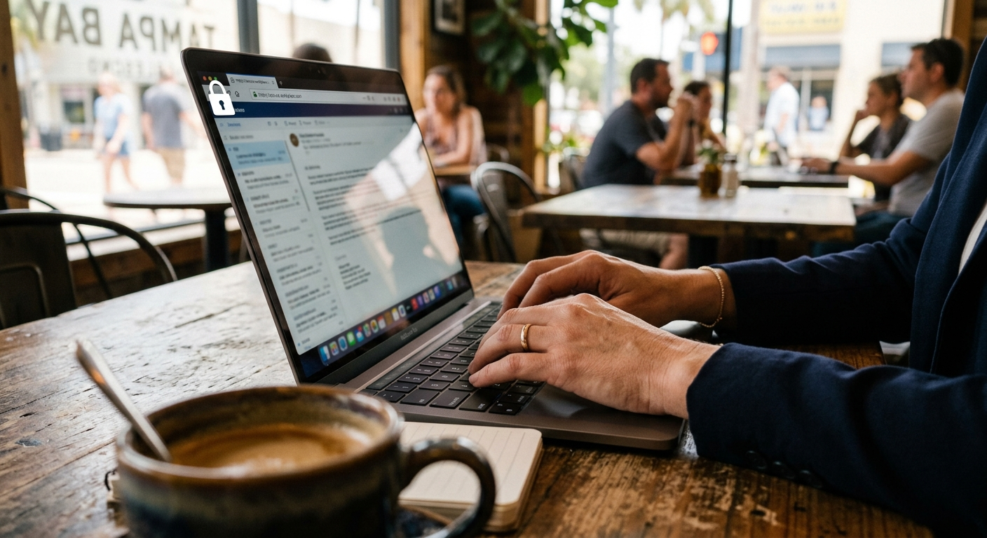 Small business owner reviewing data security on a laptop in a Tampa Bay office setting