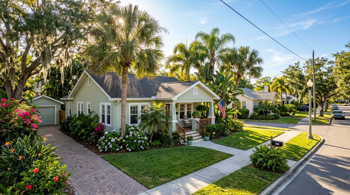 Aerial view of a St. Petersburg Florida residential neighborhood with waterfront homes and palm trees under a partly cloudy