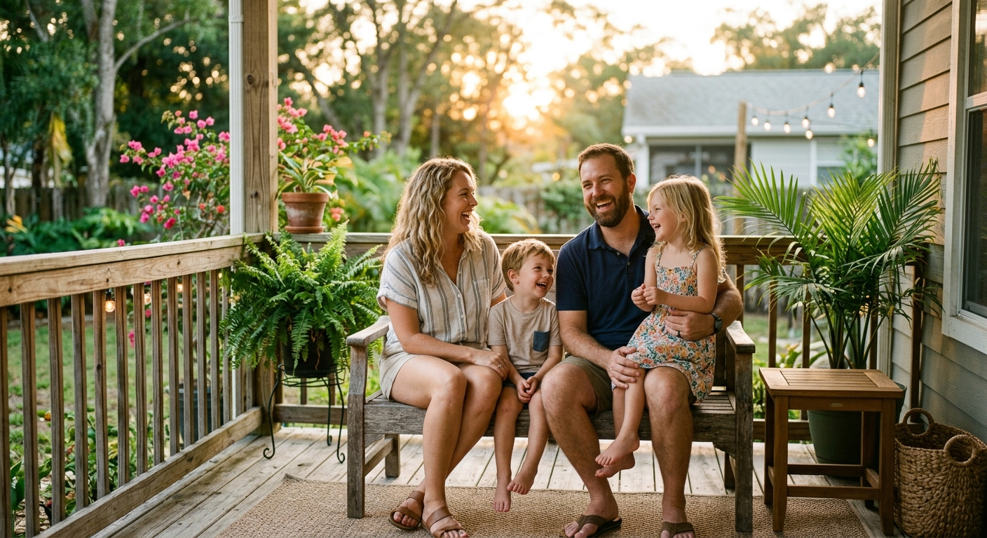 Tampa Bay family reviewing life insurance documents together at a kitchen table with natural light