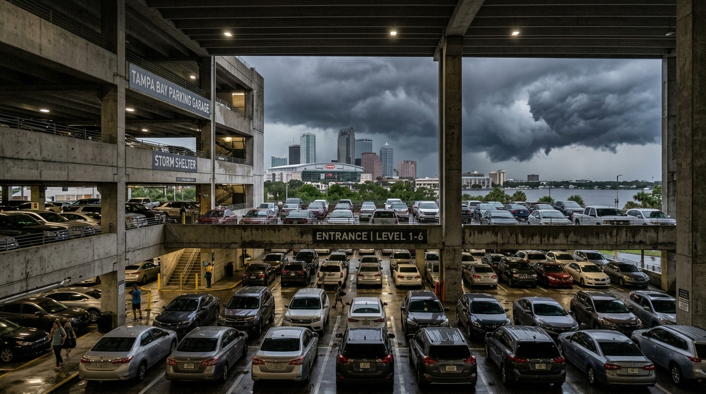 A flooded Tampa Bay street after a hurricane with cars partially submerged in storm surge water near palm trees