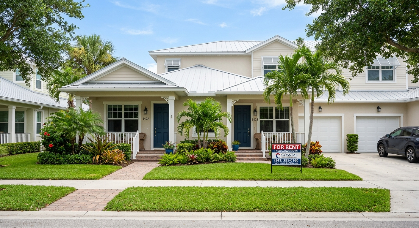 Aerial view of a suburban Tampa Bay rental home with tile roof and palm trees on a sunny Florida afternoon