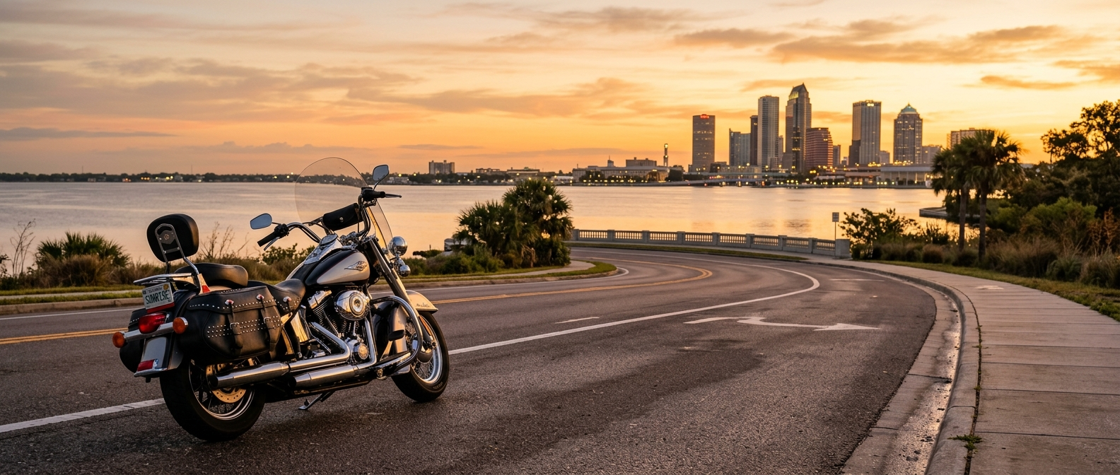 A motorcycle parked on a Tampa Bay causeway at sunrise with calm water and palm trees in the background