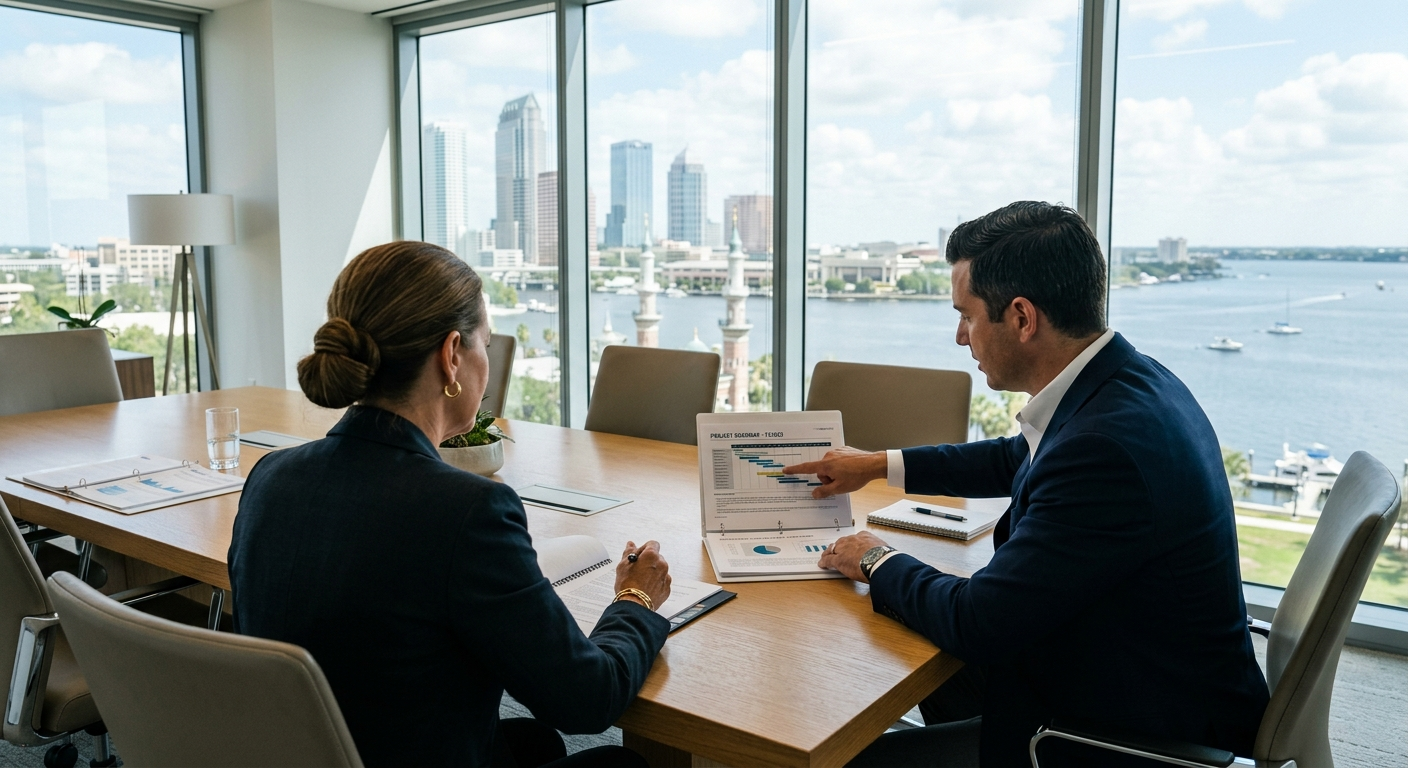 Tampa Bay business professional reviewing an errors and omissions insurance policy document at a modern office desk