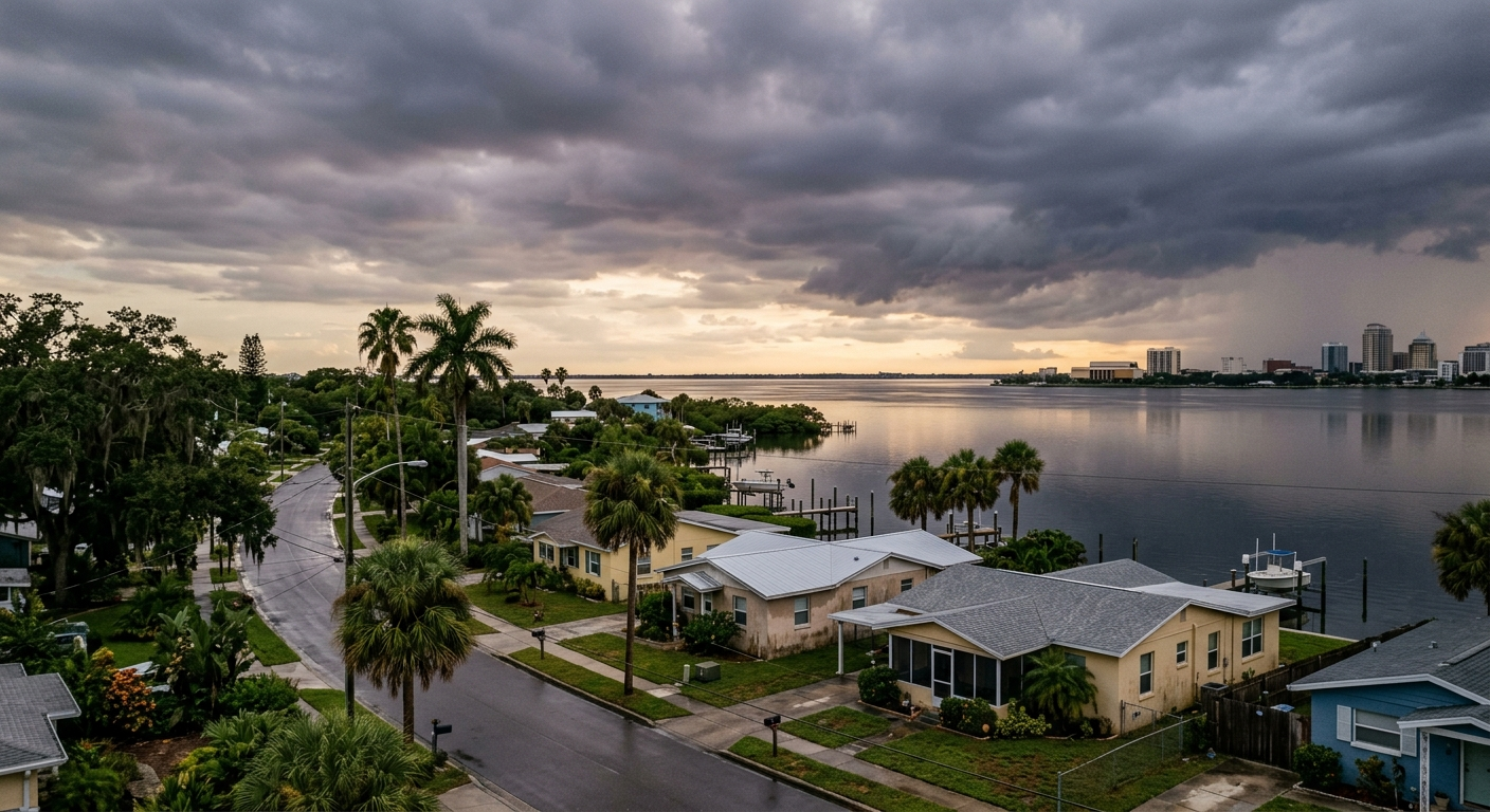 Aerial view of St. Petersburg Florida neighborhood near the bay with water visible between residential streets and homes