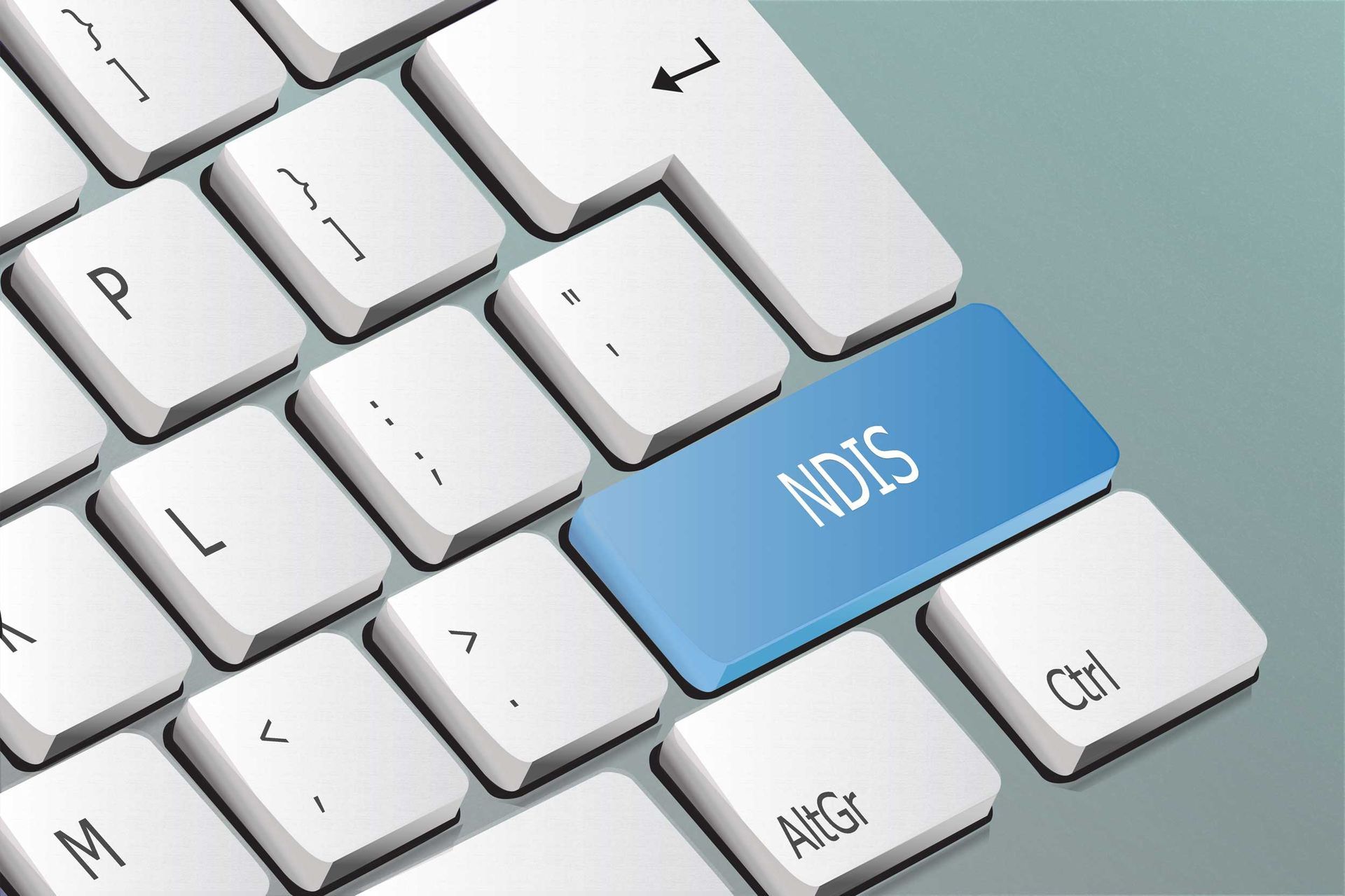 A computer keyboard featuring a prominent blue enter key labeled with the text NDIS.