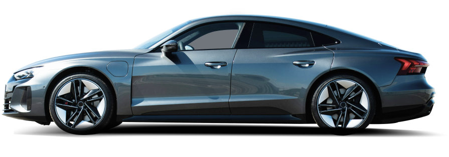 Side view of a gray sports sedan on a white background