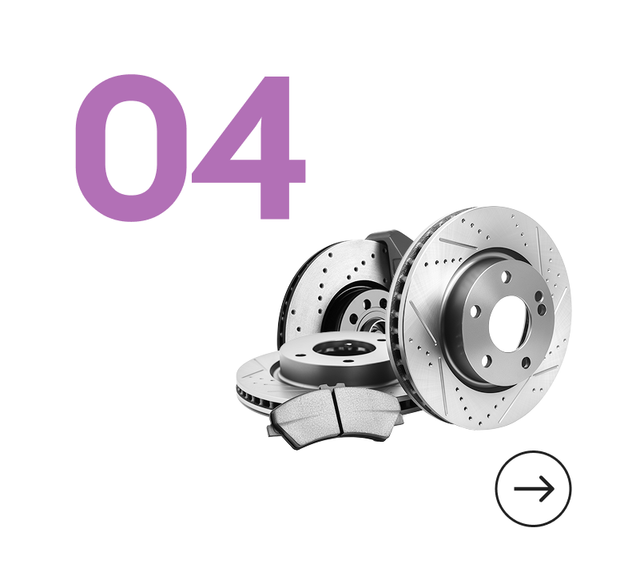 Purple “04” with car brake discs and pads, plus a right-arrow icon on white background