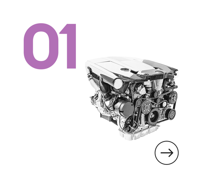 Purple “01” next to a detailed silver engine with a right-arrow icon