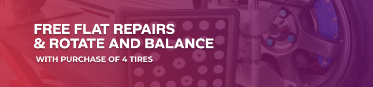 Purple promo banner advertising free flat repairs and tire rotation/balance with purchase of 4 tires