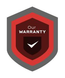 Our warranty badge icon in red, dark maroon, and gray with a white checkmark