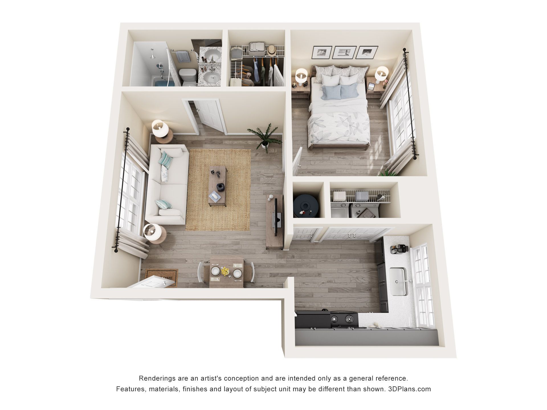3D floor plan of a small apartment with living area, bedroom, bathroom, and kitchen.