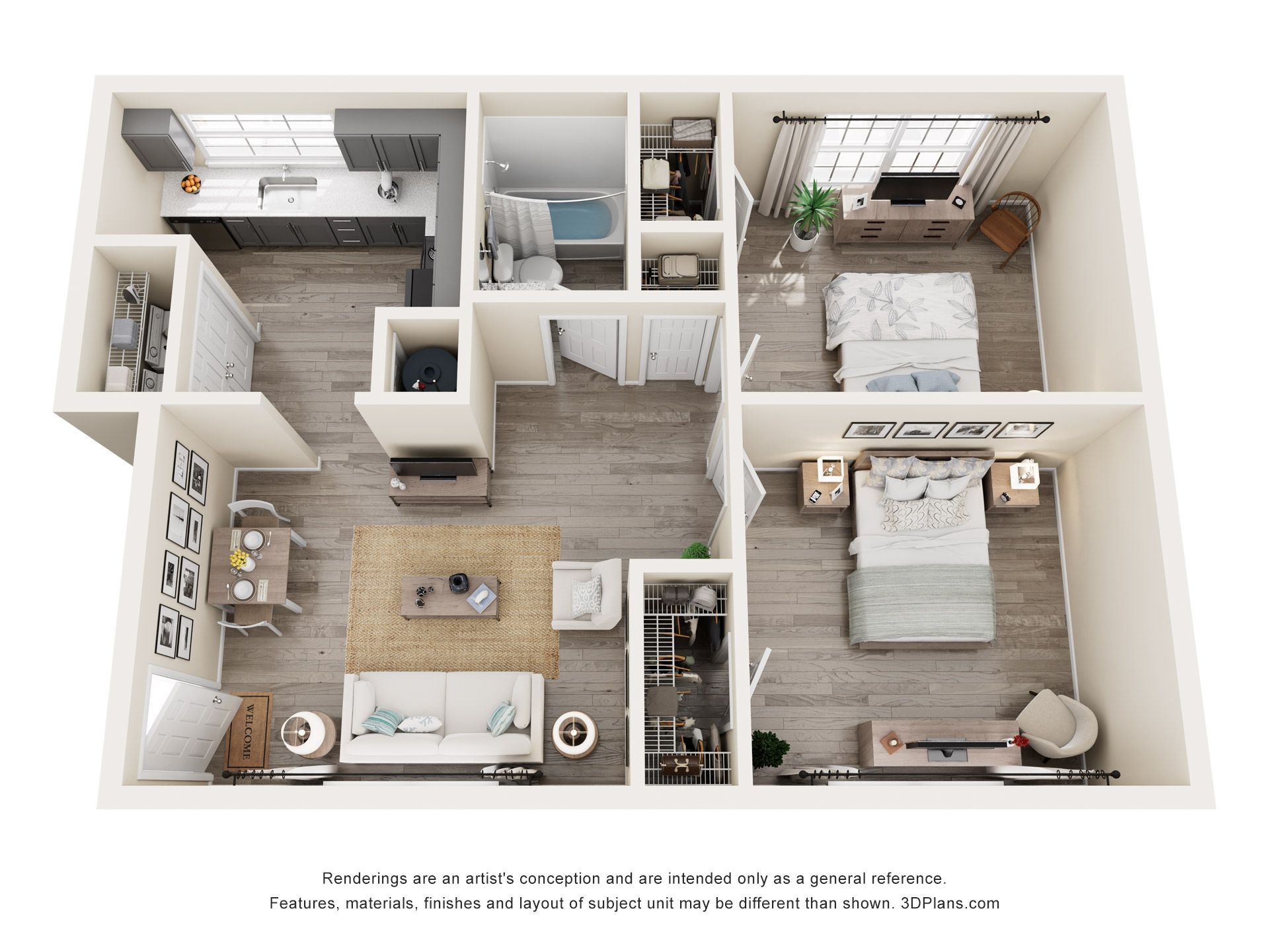 3D floor plan of a modern apartment with kitchen, living room, bedroom, bath, and balcony