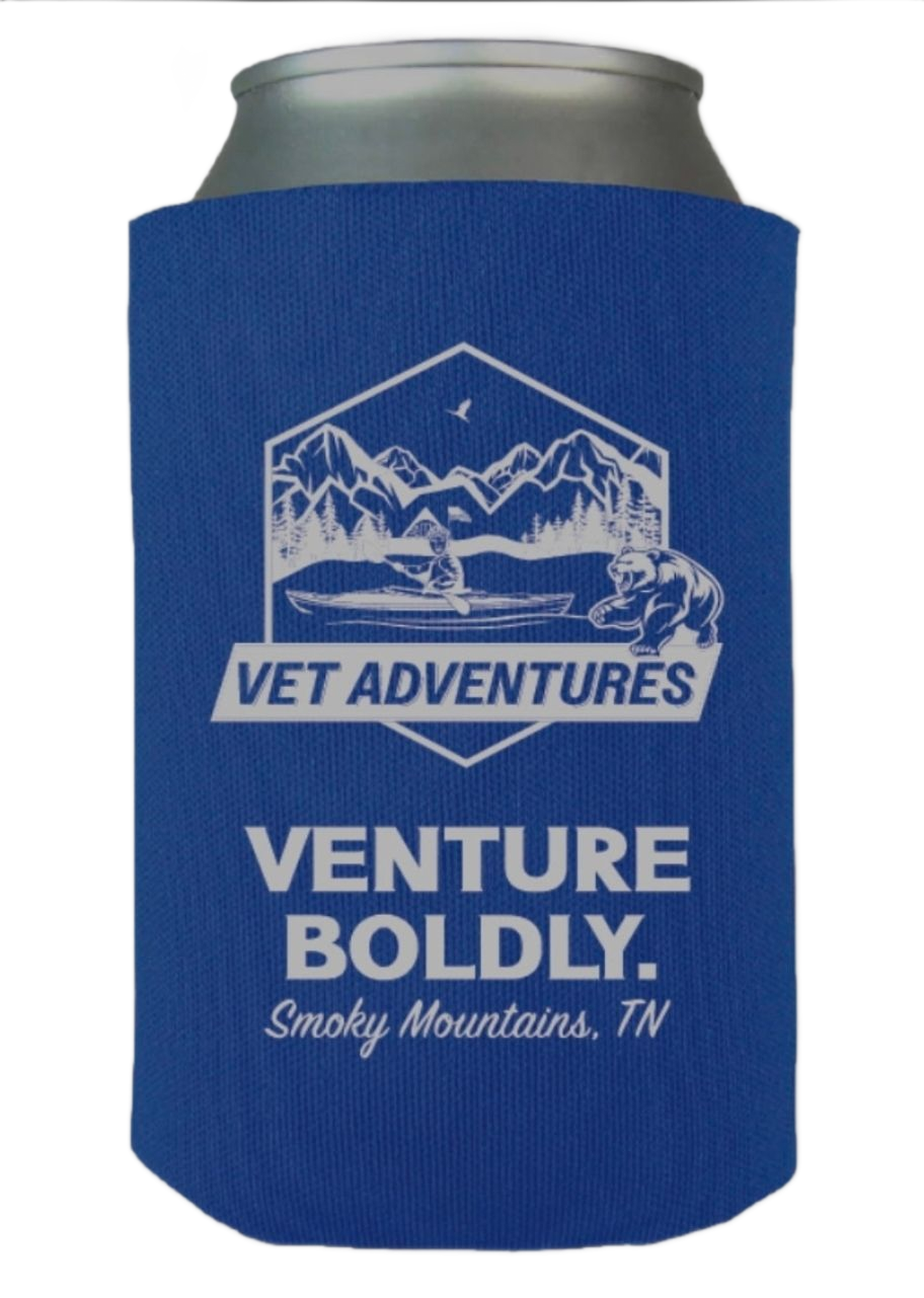 Blue can koozie with white mountain logo and text “Vet Adventures Venture Boldly. Smoky Mountains, TN.”