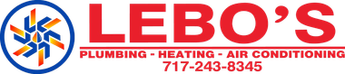 LEBO'S Plumbing, Heating & Air Conditioning logo with red and blue text and circular emblem