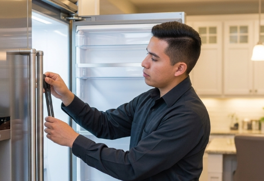 Un hombre ajusta los controles de un refrigerador de acero inoxidable en una cocina luminosa.