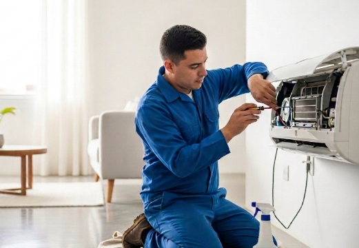 Técnico con uniforme azul reparando un aire acondicionado mural en el interior de una vivienda.