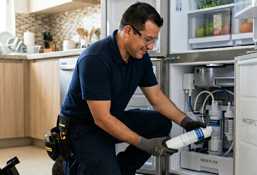 Técnico limpiando un electrodoméstico debajo del fregadero de la cocina con una botella rociadora y guantes.