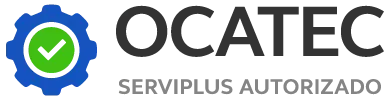 Logotipo de OCATEC con engranaje azul, marca de verificación verde y texto gris “SERVILUS AUTORIZADO”