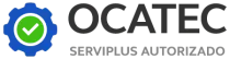 Logotipo de OCATEC con engranaje azul, marca de verificaci&oacute;n verde y texto gris &ldquo;SERVILUS AUTORIZADO&rdquo;