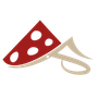 Logo stilizzato a forma di cappello di fungo rosso e beige con pois bianchi su sfondo bianco.