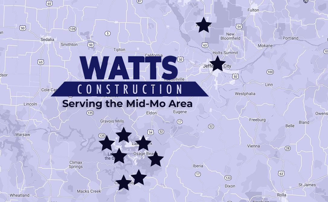 Watts Construction, Serving the Mid-MO Area. A Map With Stars for Home Construction Services.