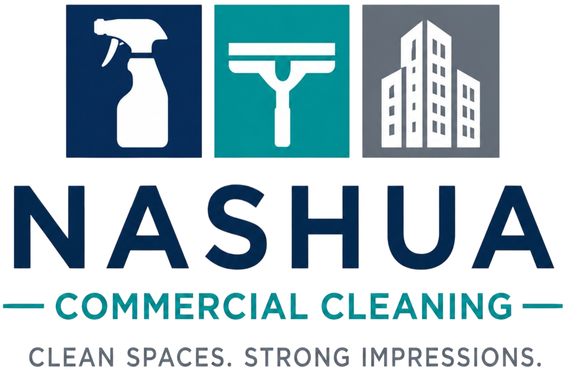 Nashua Commercial Cleaning Logo with Spray Bottle, Squeegee, Building Icons in Nashua, NH