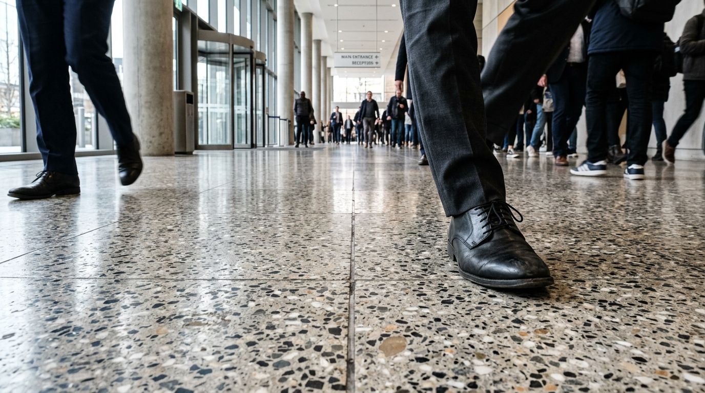 People walking across a polished floor inside a commercial building lobby.