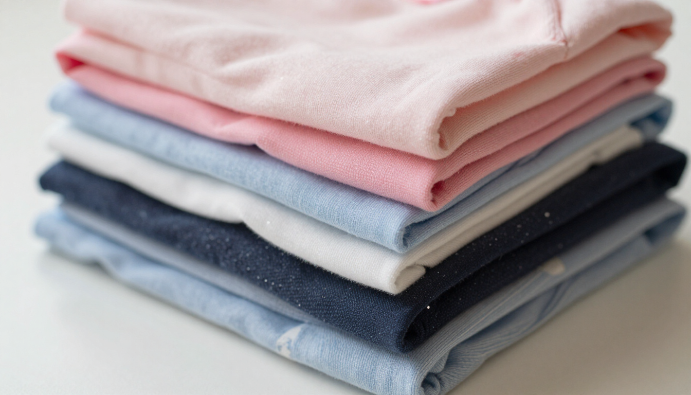 Pila de ropa doblada en tonos pastel de rosa, blanco y azul sobre una superficie clara.