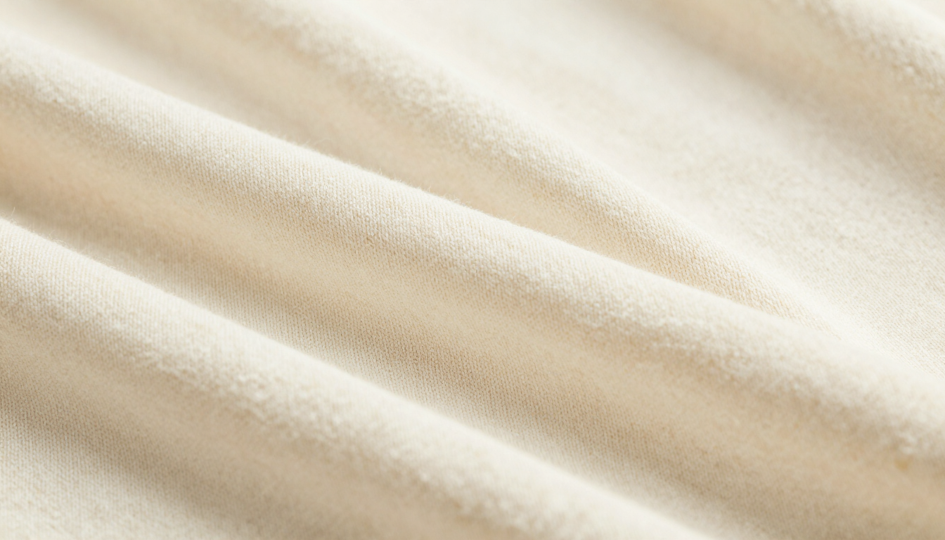 Primer plano de una tela de seda beige con suaves pliegues diagonales y un brillo sutil.