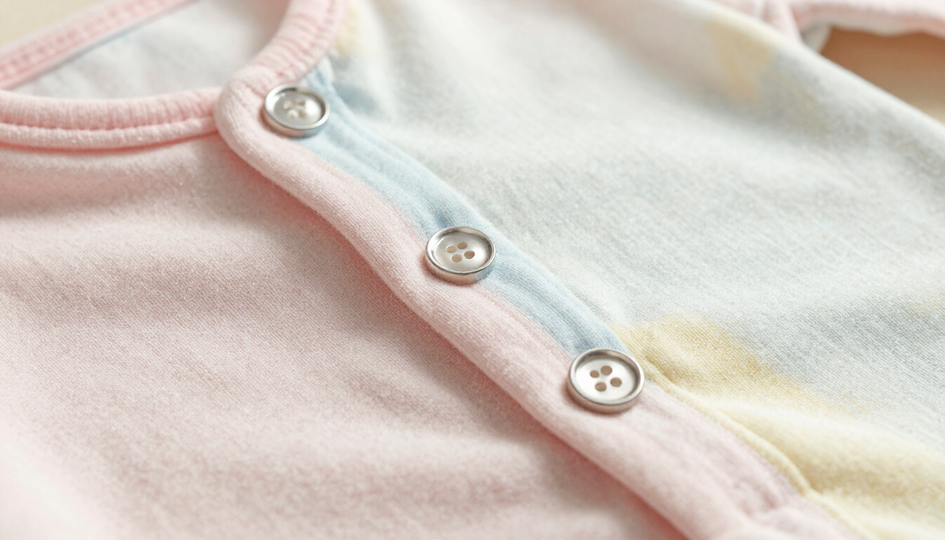 Body de bebé rosa pastel y azul con botones a presión plateados.