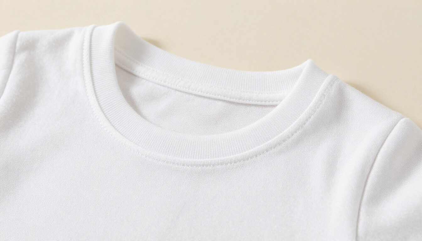 Camiseta blanca de cuello redondo sobre fondo beige claro