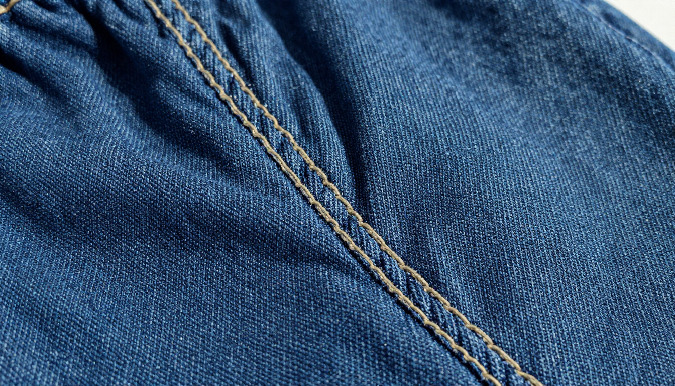 Primer plano de tela vaquera azul con una costura diagonal y pespuntes amarillos.