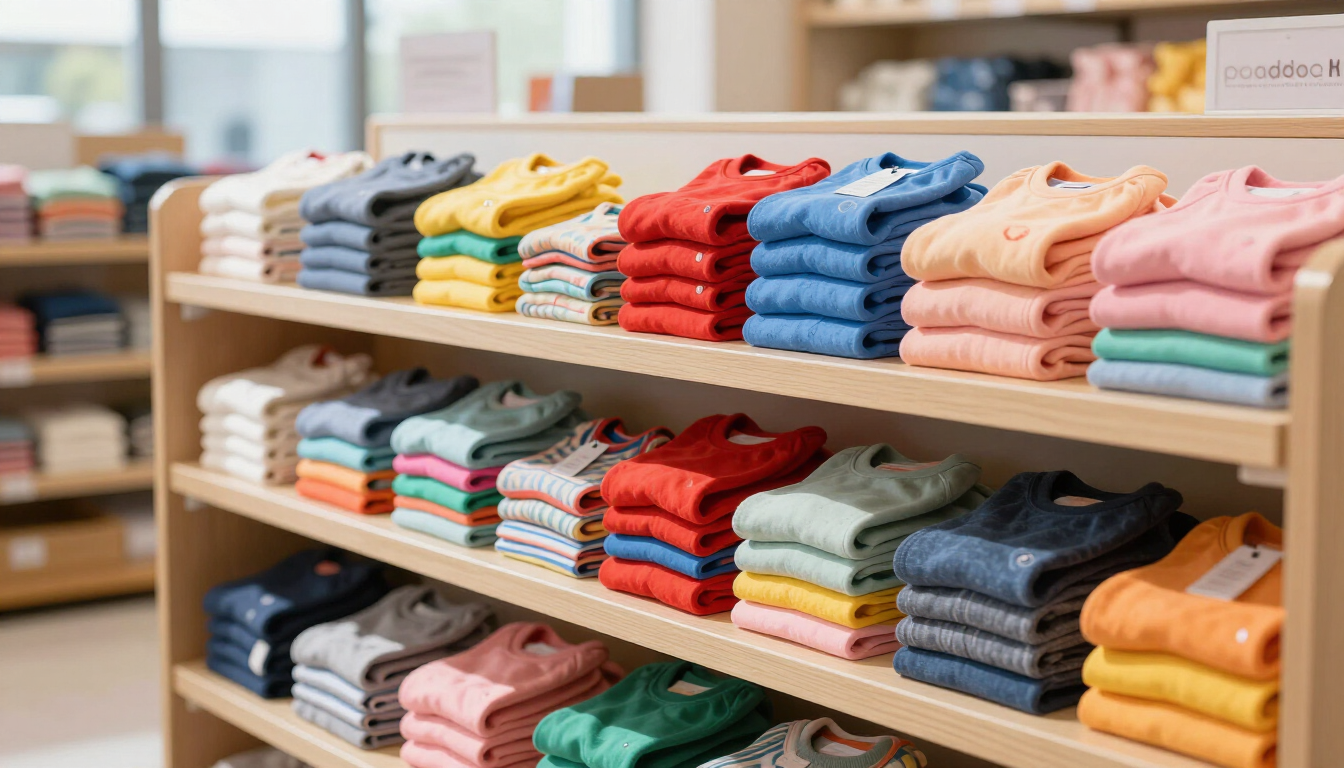 Estantes repletos de suéteres y camisas cuidadosamente doblados en una variedad de colores pastel y brillantes.